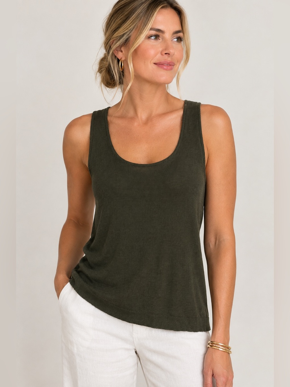Lauren Ralph Lauren 100% Silk Knit Tank Top Dark Green Scoop Neck Sleeveless NWT